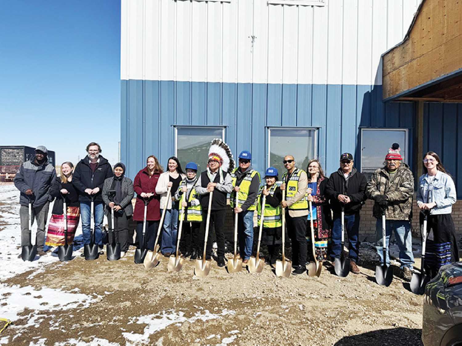 Dignitaries from Ocean Man First Nation, CCR Construction, and the school during the groundbreaking for the new daycare on Ocean Man. 